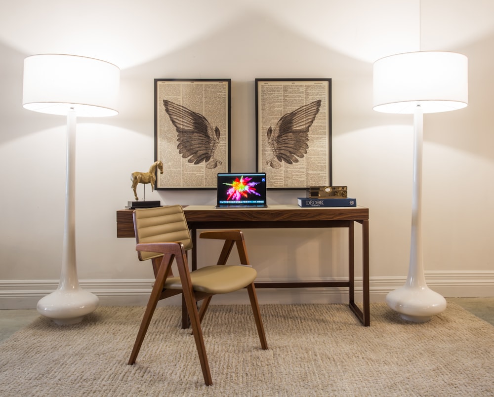 brown wooden table with white table lamp