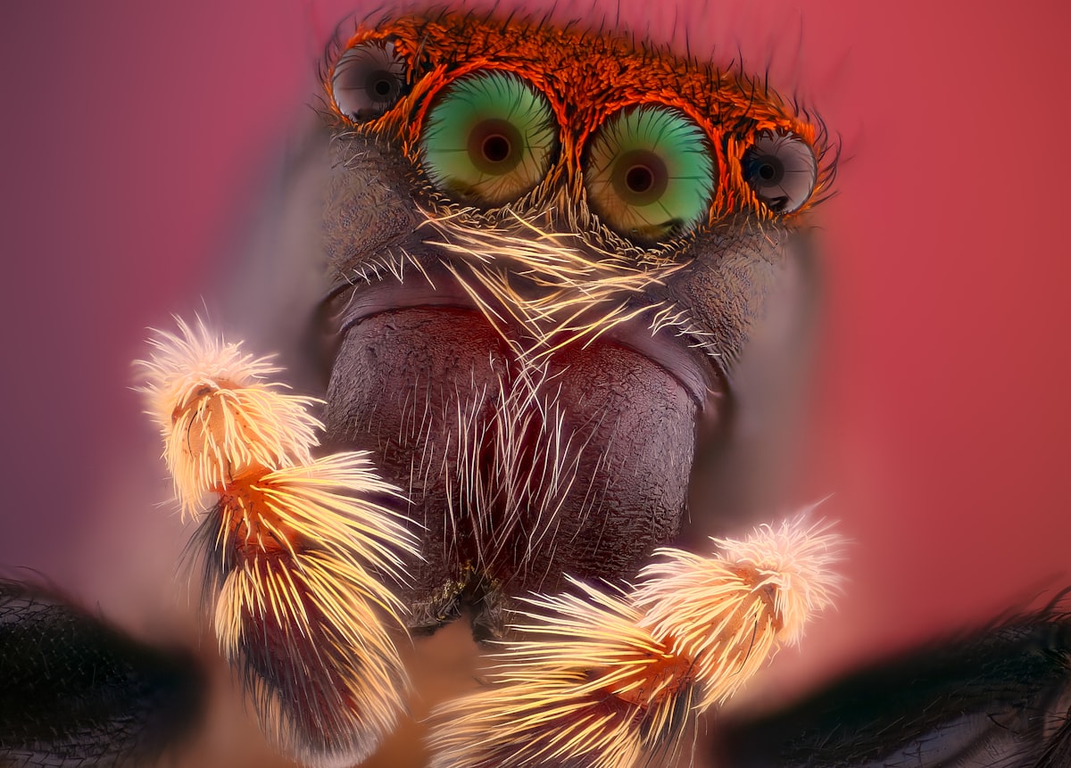 Extreme macro close-up of a jumping spider showing detailed eyes and fangs