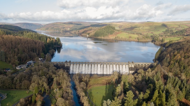A large dam surrounded by a lush landscape of trees and hills, with a body of water stretching into the distance. The dam wall is releasing a cascade of water, and the scene is captured from an elevated perspective, highlighting the expansive natural scenery and the engineered structure.