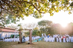 Boda al aire libre con decoración elegante y vista natural.