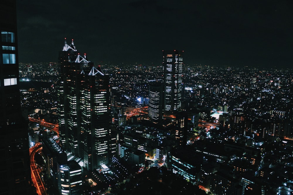 aerial view of city buildings during night time