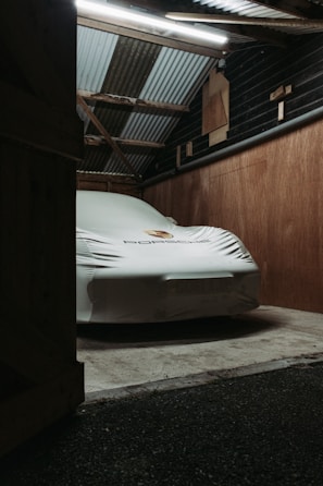 Photo of a car covered by insurance, parked safely in a garage.