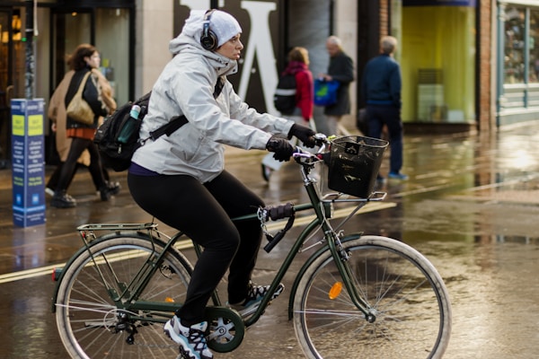 A sleek, breathable jacket designed for city commuters navigating rainy streets.