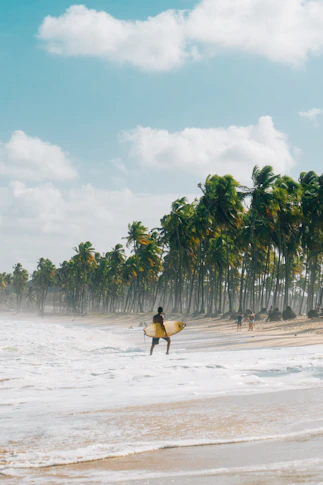 person in yellow shirt carrying brown surfboard walking on beach during daytime