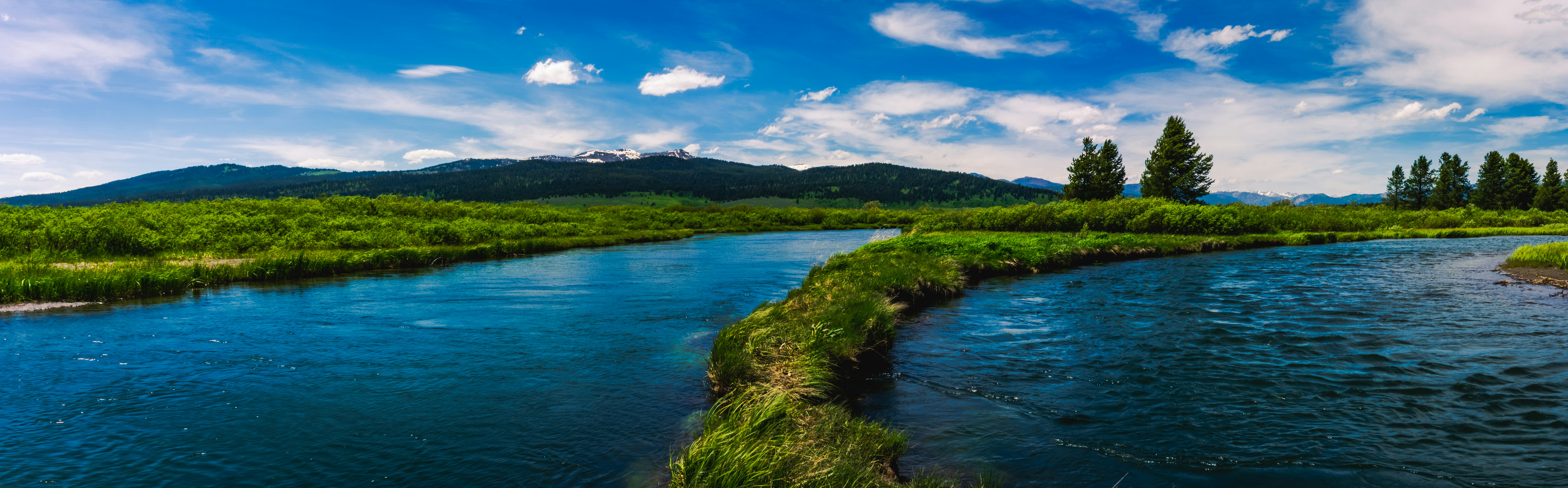 green grass field beside river under blue sky during daytime