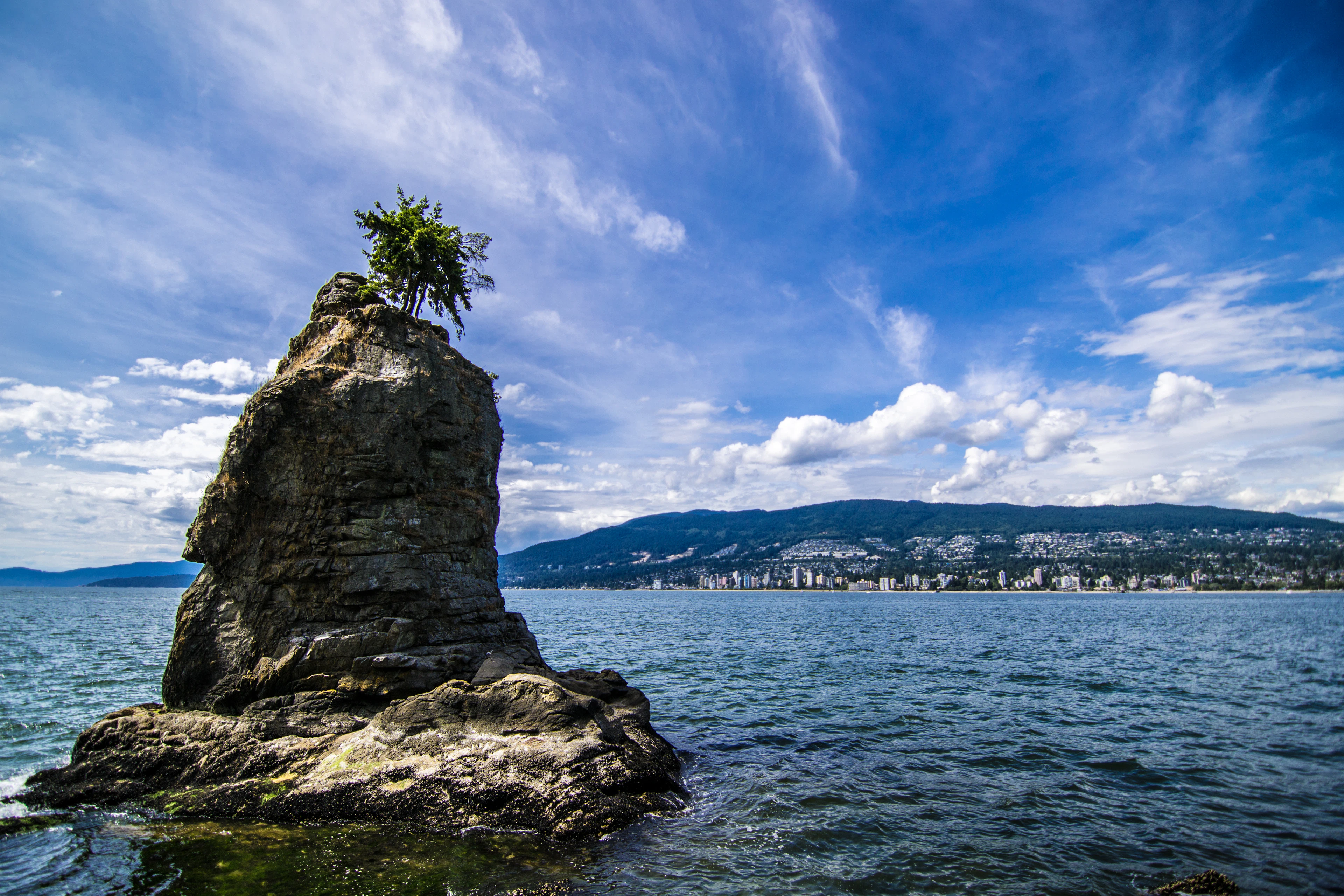 A solitary tree-topped sea stack rises from the water off Vancouver's shoreline, city skyline visible under blue sky.