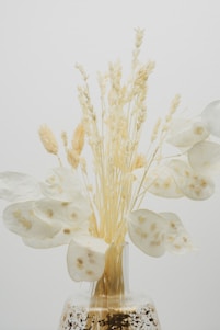 A delicate arrangement of muted dried flowers in a rustic vase, bathed in soft natural light.