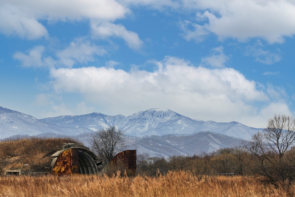 brown wooden house on brown grass field near snow covered mountain during daytime