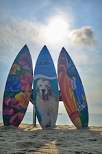 A creative 3D printed surfboard displayed on a sunny beach.