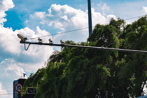 Multiple surveillance cameras are mounted on a metal pole, positioned above a lush green tree against a backdrop of a partly cloudy sky. A no U-turn sign is visible in the background, and a lamp post rises in the distance.
