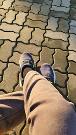A pair of stylish sneakers resting on a cobblestone street with soft sunlight.