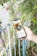 A hand holds a smartphone displaying a social media post of a vegan cheese product called 'Violife Wedge'. The phone screen shows a colorful image of the product with text below providing details. In the background, there are green plants and a railing with blue accents.