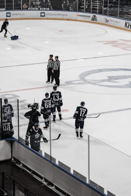 Several ice hockey players in blue jerseys are seen on the ice rink, with some standing near the boards and others closer to the center. Three referees or officials in black and white striped uniforms are standing together talking. In the background, a person is cleaning the ice with a shovel.