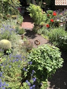 A lush garden path leads to a brick-paved patio area surrounded by vibrant plants and flowers. Red poppies, purple blooms, and various green foliage create a colorful and inviting atmosphere. A decorative metal stand is placed prominently along the path, adding a touch of art to the natural setting.