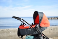 A baby stroller being cleaned and sanitized.