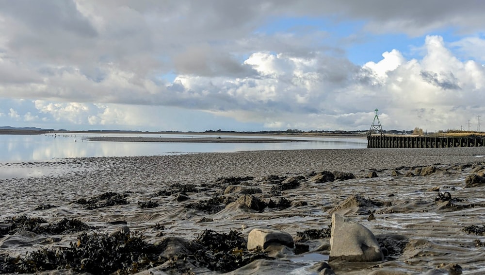 gray and white sea rocks on seashore under white clouds during daytime