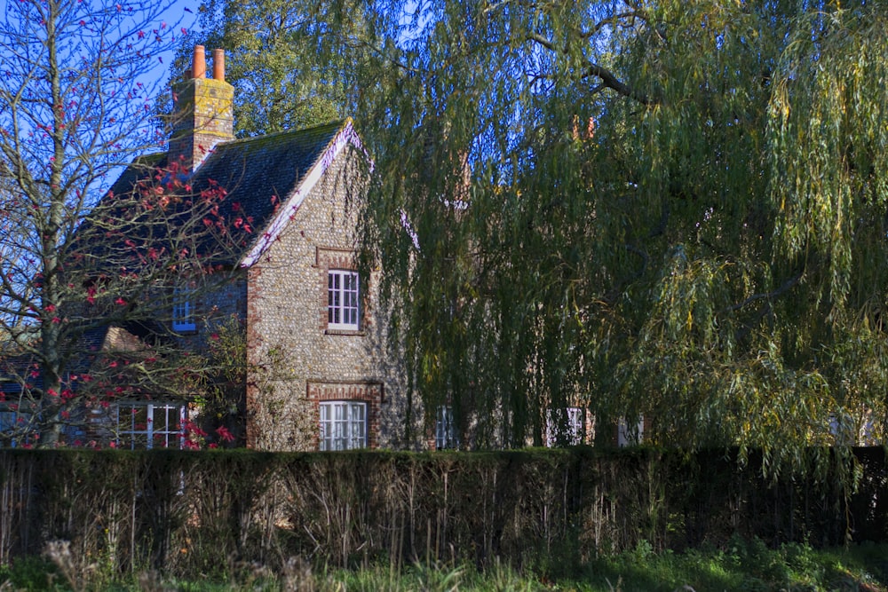 Maison en béton brun et blanc entourée d’arbres verts pendant la journée