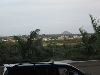 A scenic view of Orlando's skyline with a rental car in the foreground.