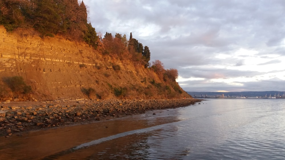 brown and green mountain beside body of water during daytime