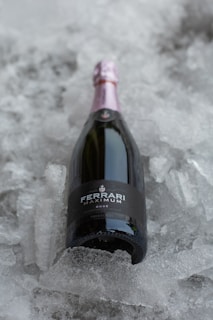 A bottle of Ferrari Maximum Rosé sparkling wine is nestled in a bed of crushed ice. The bottle features a pink foil top and a dark label, showcasing an elegant design. Ice crystals surround the bottle, adding a refreshing element to the scene.