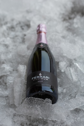 A bottle of Ferrari Maximum Rosé sparkling wine is nestled in a bed of crushed ice. The bottle features a pink foil top and a dark label, showcasing an elegant design. Ice crystals surround the bottle, adding a refreshing element to the scene.