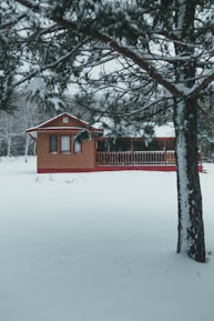 brown wooden house on snow covered ground