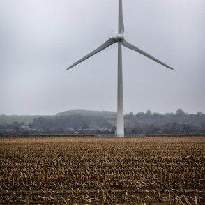 white wind turbine on brown wheat field during daytime