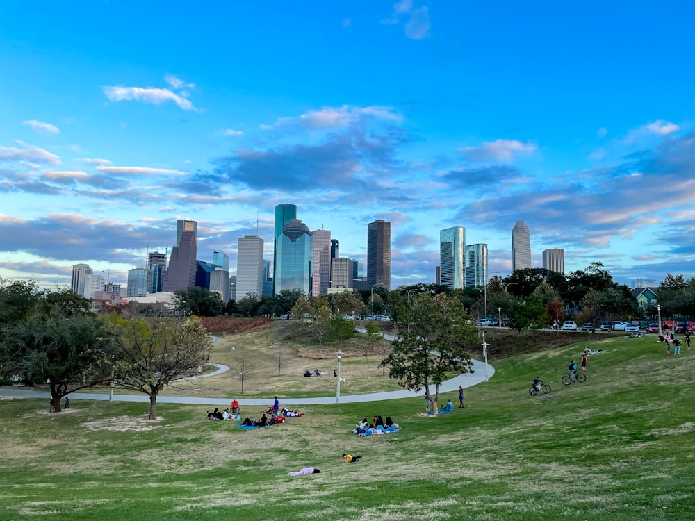 people sitting on green grass field near city buildings during daytime