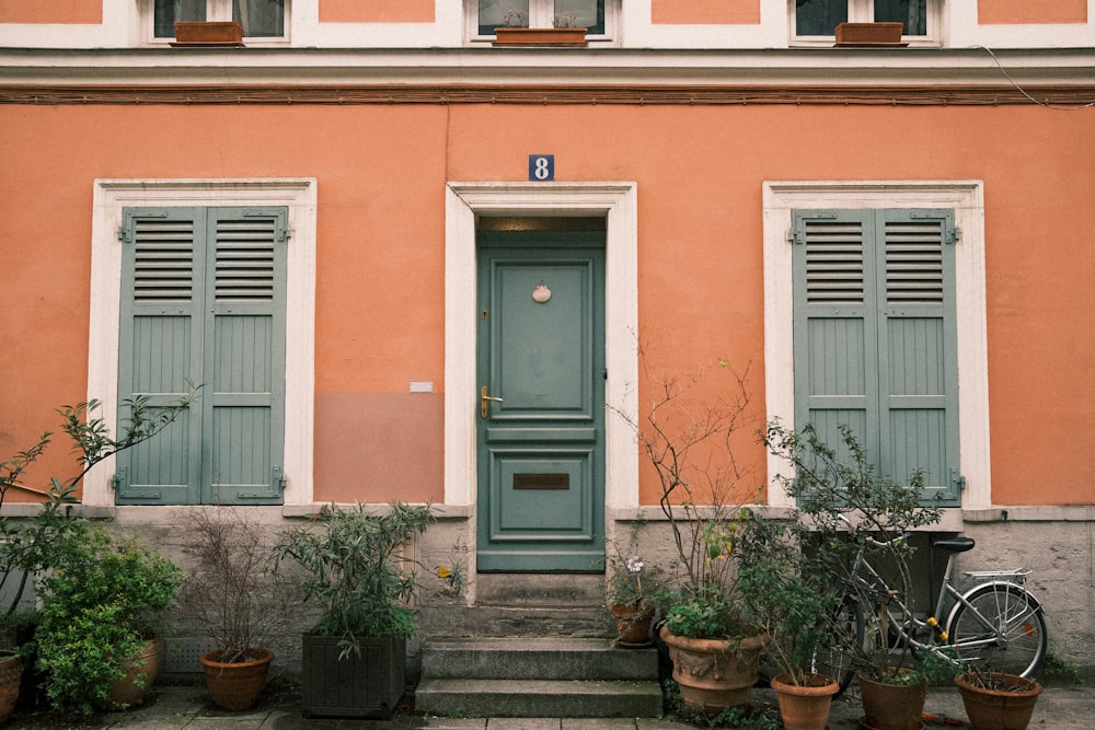 green wooden door with green potted plants