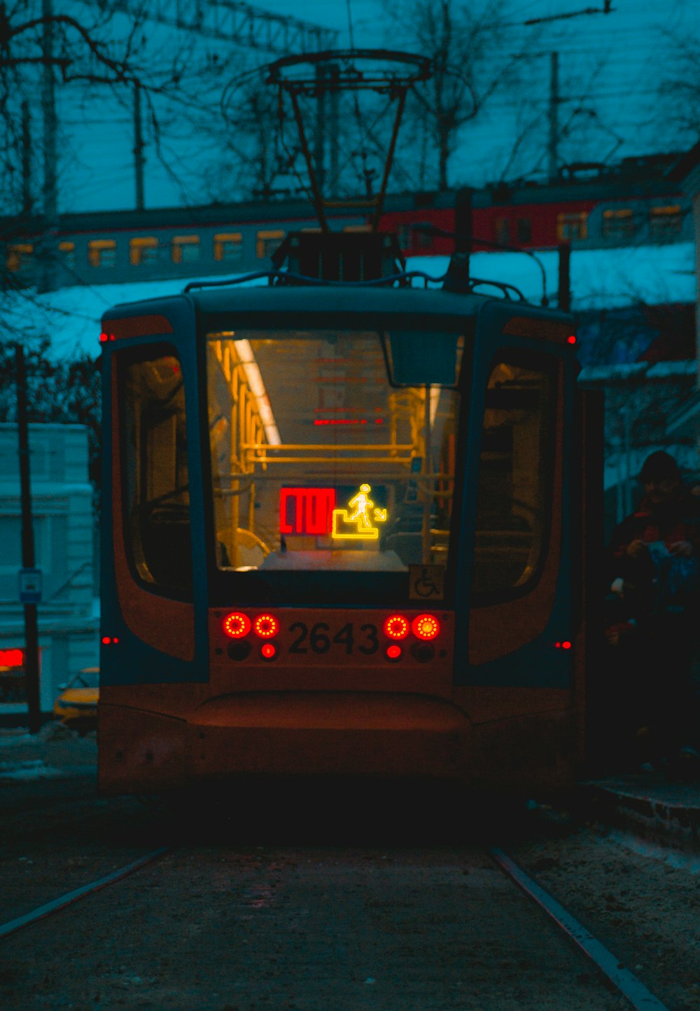 black and white train during night time