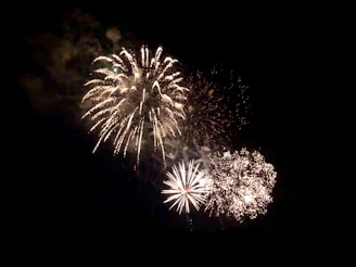 Children watching in awe as colorful rockets shoot up and explode with dazzling effects.