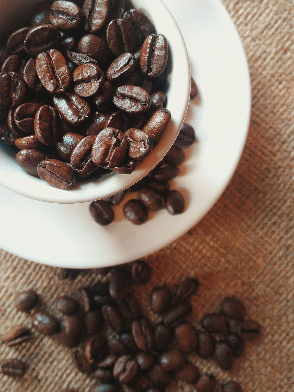 chicchi di caffè marroni su piatto di ceramica bianca