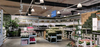A vibrant display of colorful plastic pots arranged on wooden shelves in a bright, modern garden shop.