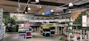 A well-organized store section filled with a diverse array of potted plants and flowers. The display includes tall green plants, colorful flowers, and various sizes of plant pots. Shelves along the walls hold additional plants and decorative greenery. Overhead, industrial lighting fixtures are visible, highlighting the vibrant colors of the plants below.