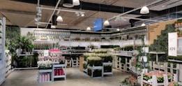 A well-organized store section filled with a diverse array of potted plants and flowers. The display includes tall green plants, colorful flowers, and various sizes of plant pots. Shelves along the walls hold additional plants and decorative greenery. Overhead, industrial lighting fixtures are visible, highlighting the vibrant colors of the plants below.