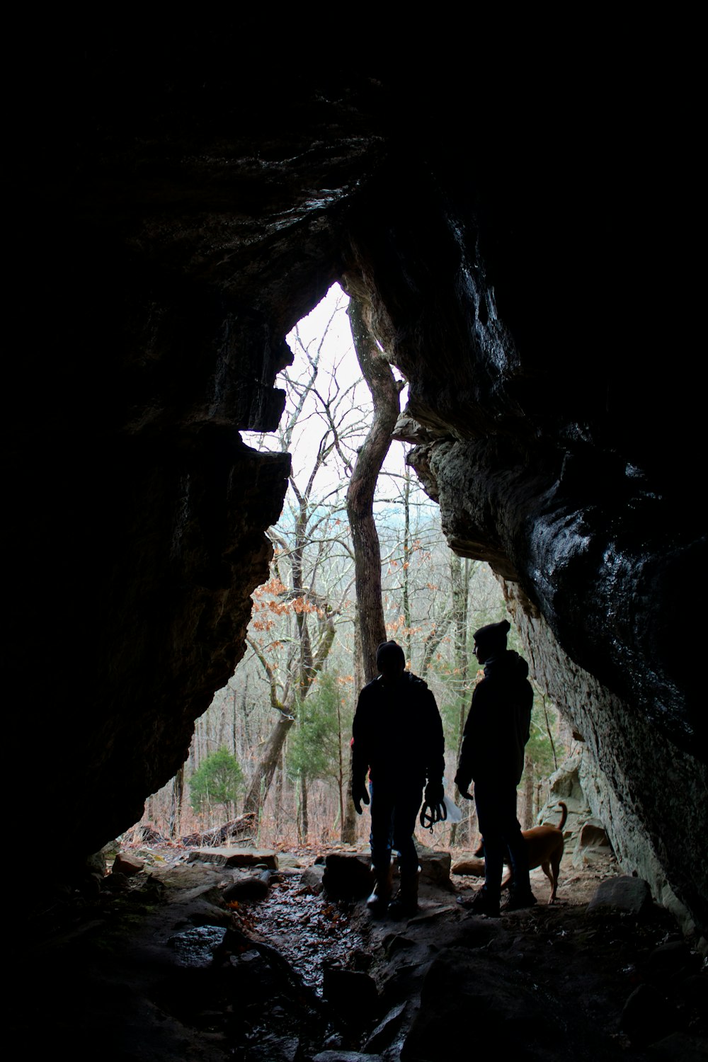 낮 동안 동굴에 서 있는 검은 재킷을 입은 남자