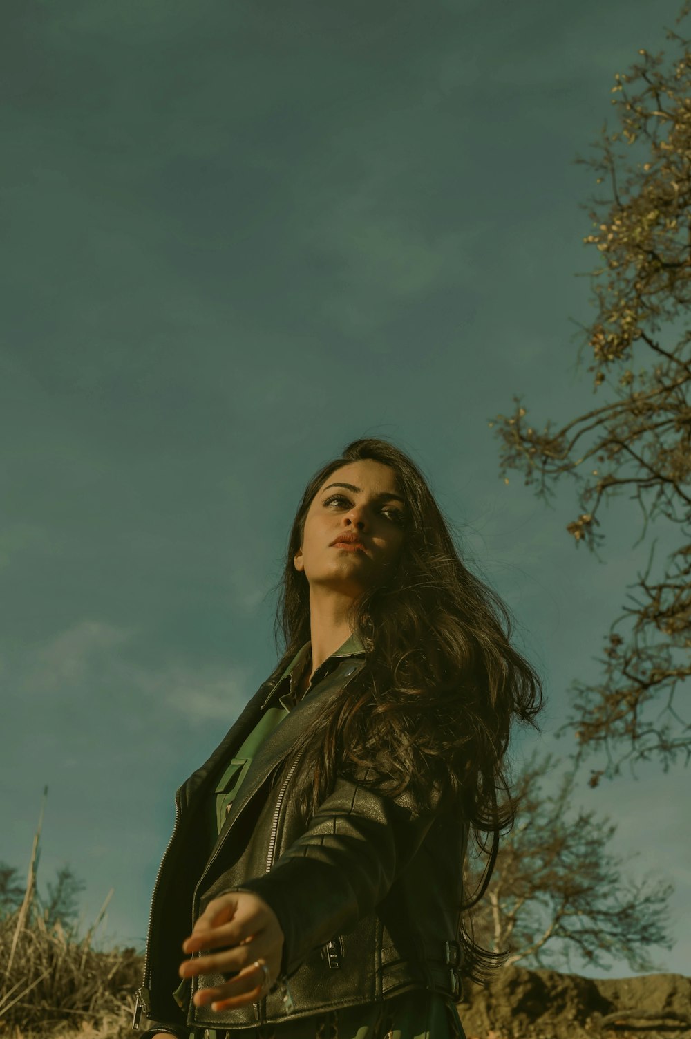 woman in black leather jacket standing near bare tree under cloudy sky during daytime