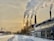 Four large industrial smokestacks are emitting significant amounts of smoke into the sky, with the sun partially visible through the smoke. The scene is set in a snowy environment with buildings and roads covered in snow. The sky is overcast with a yellowish tint.