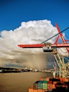 red and blue crane on body of water under blue sky during daytime