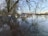 A flooded area where water has overflowed onto a path lined with a metal fence and large trees. A boat is moored nearby, surrounded by water and bare tree branches. The sky is clear, creating reflections in the water.