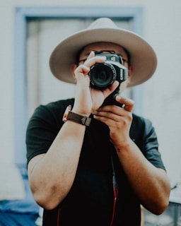 A person wearing a wide-brimmed hat holds a camera up to their face, obscuring their features. They are dressed in a dark-colored shirt and have a watch on their wrist. The background is softly blurred, giving a sense of focus on the subject capturing a photo.