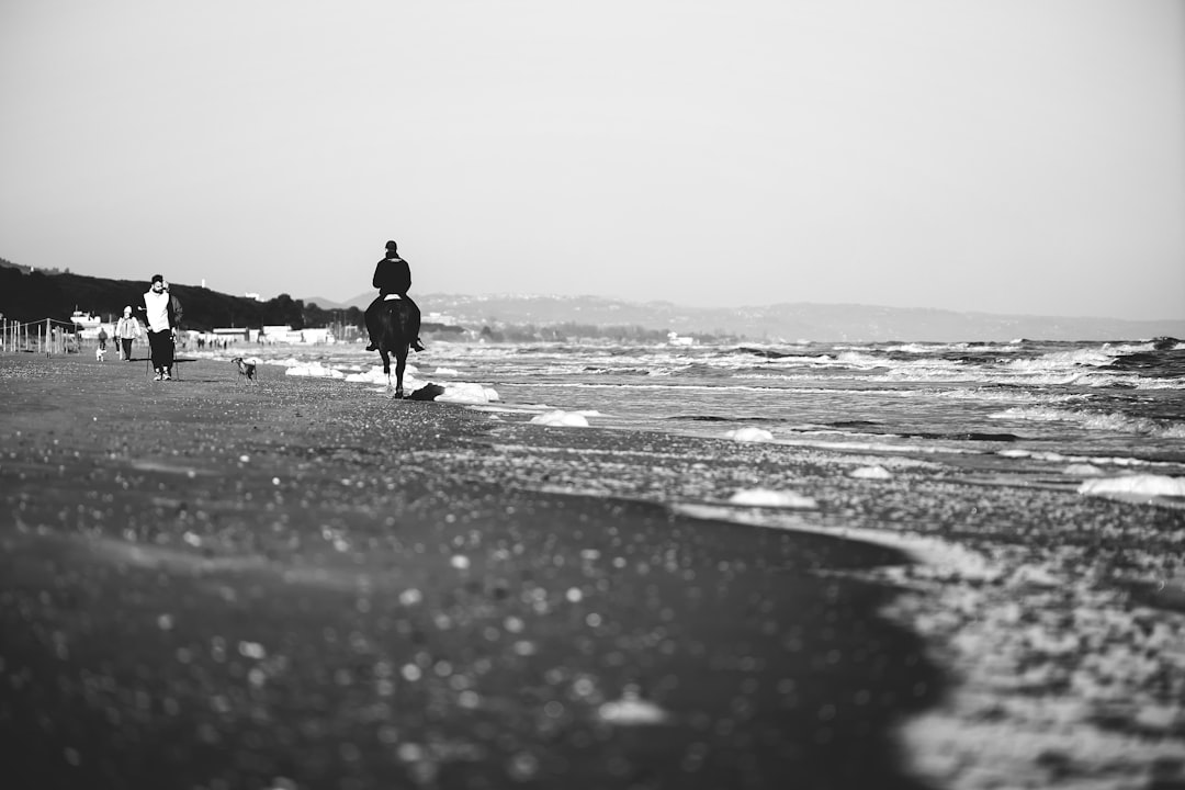 grayscale photo of person walking on beach