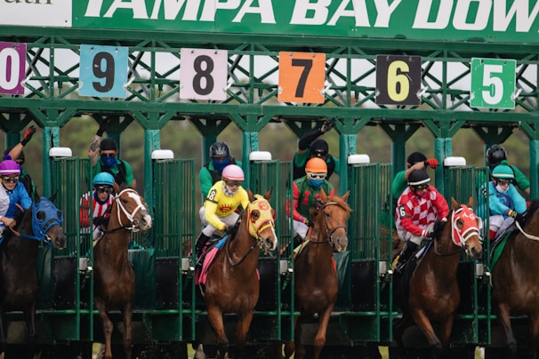 A group of jockeys and horses are lined up in starting gates at a horse racing track. The gate shows numbers from 5 to 9, and each horse is equipped with colorful saddle blankets and headgear. The jockeys are wearing brightly colored uniforms and helmets. The setting indicates the beginning of a horse race.