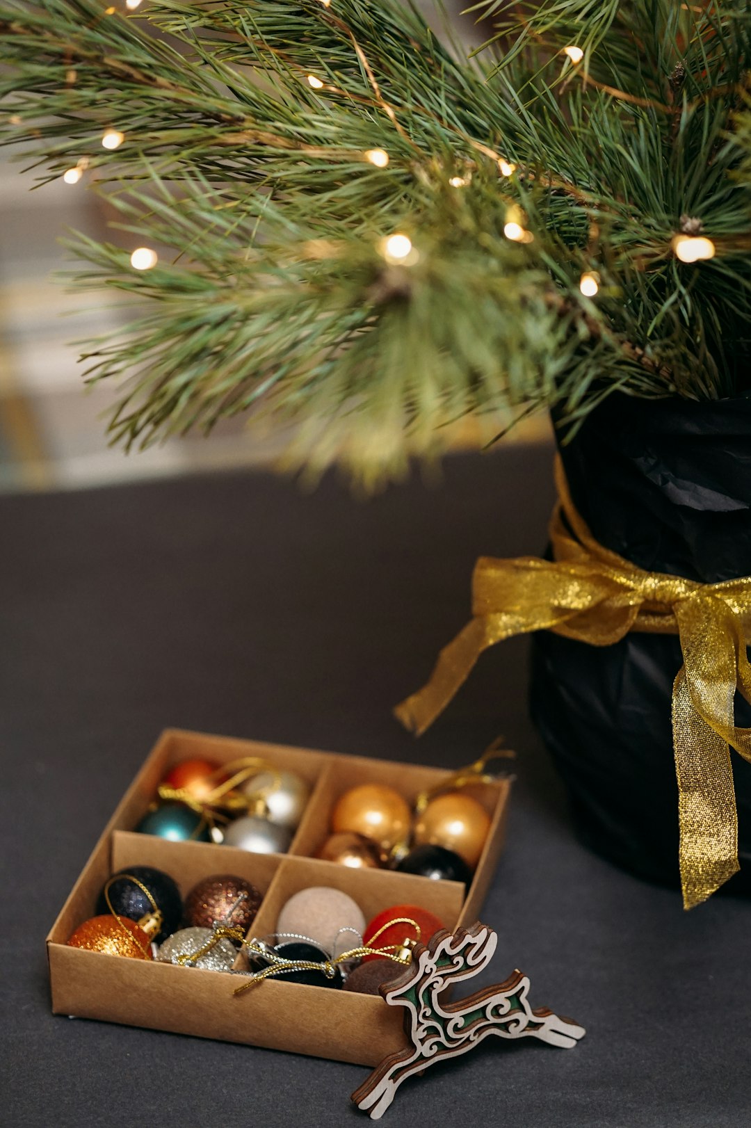brown and white baubles on brown wooden box