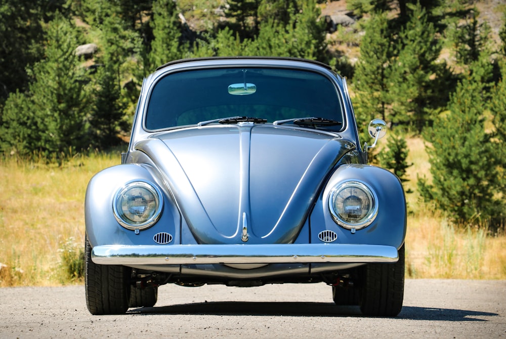 blue classic car parked near green trees during daytime