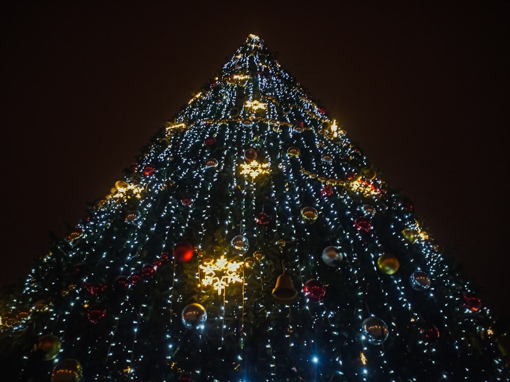 a large christmas tree is lit up at night