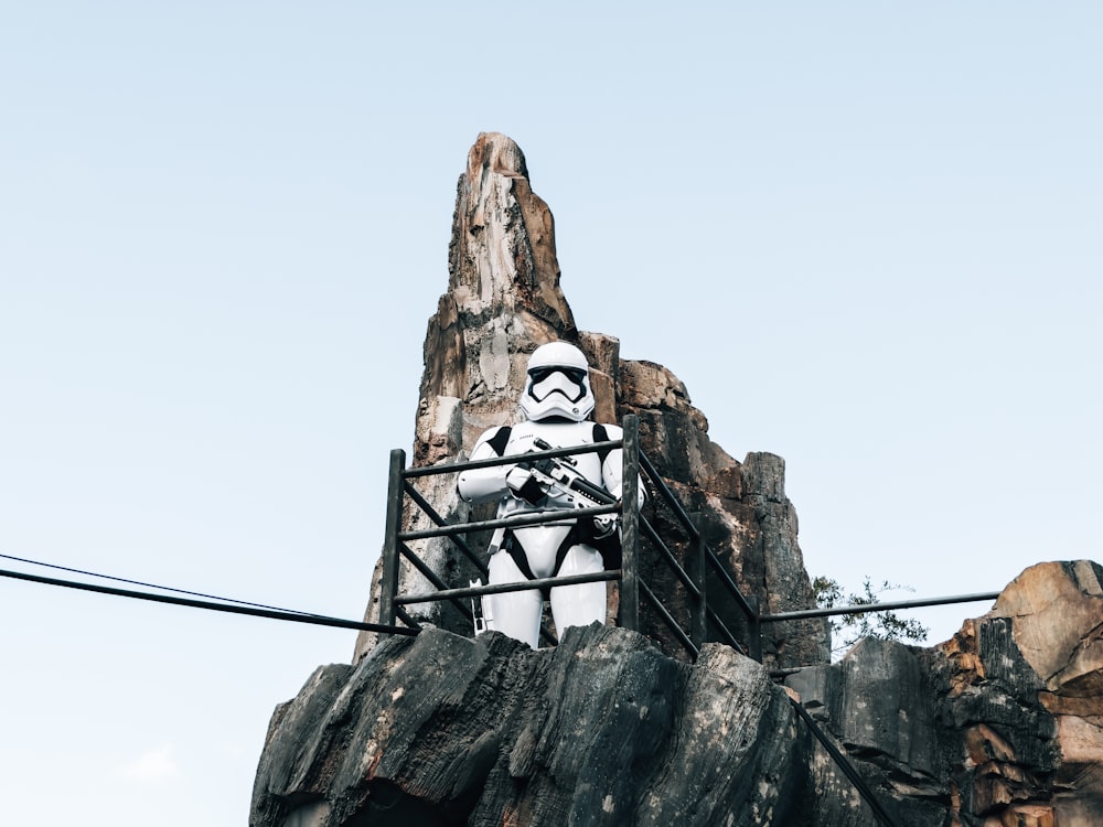 white and black concrete statue on top of gray rock