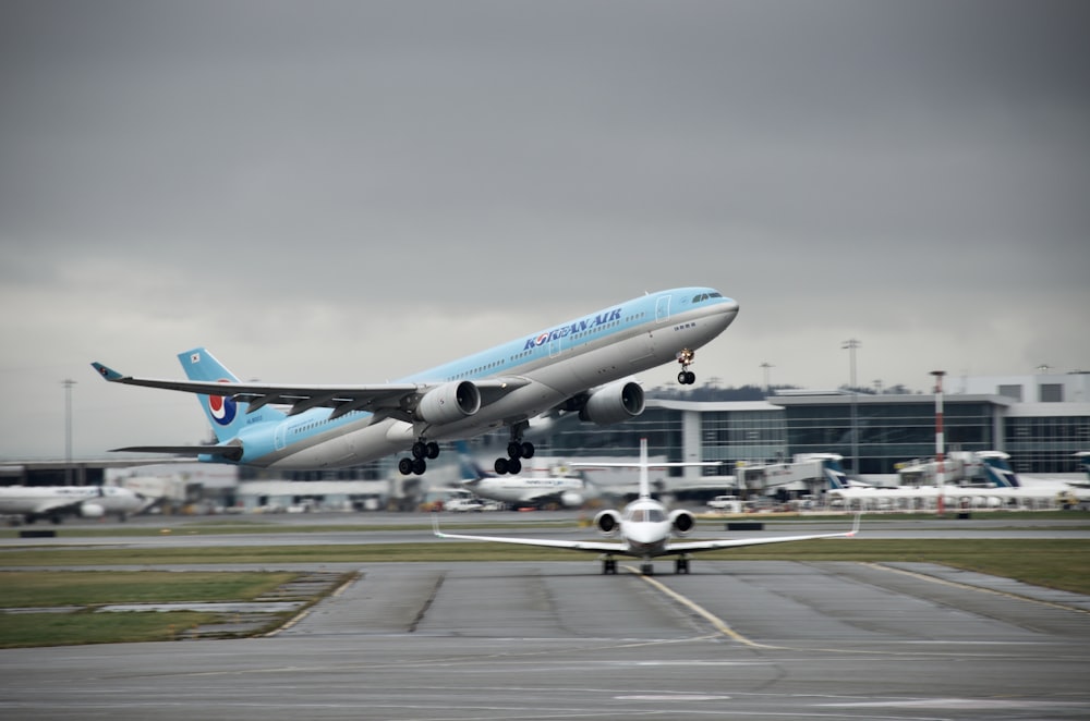 blue and white passenger plane on airport during daytime