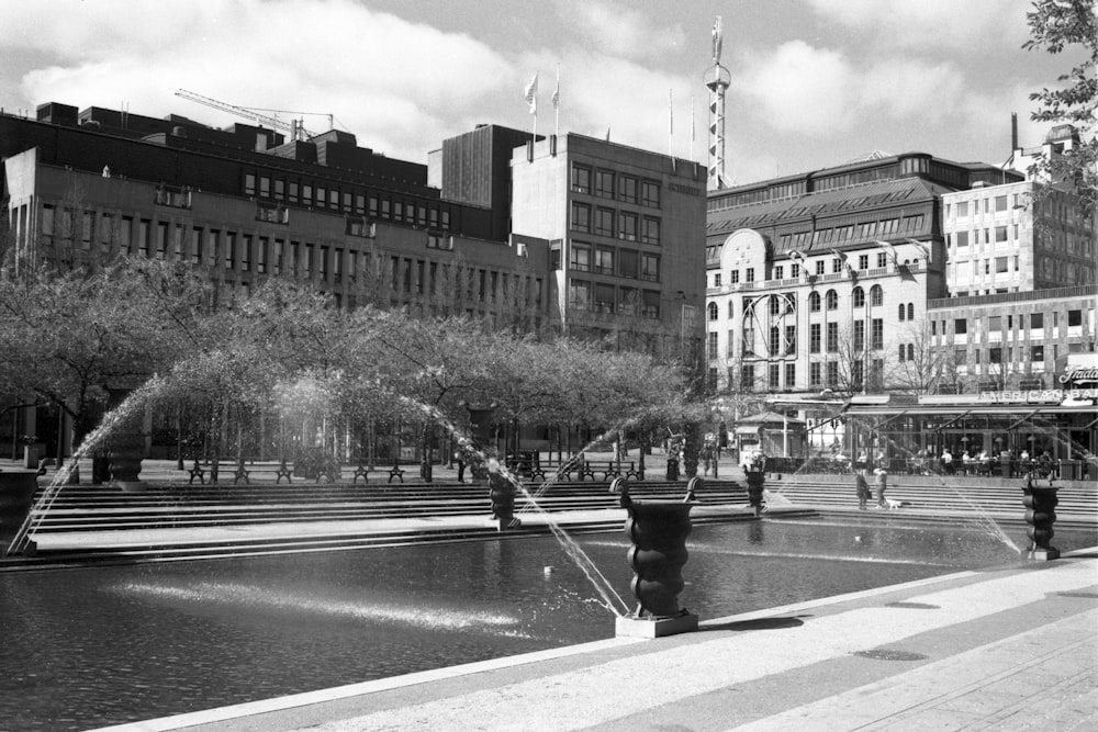 Graustufenfoto von Stadtgebäuden und Bäumen