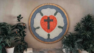 blue and white round wall decor